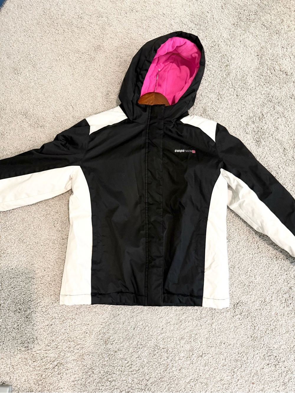Swiss Tech Black & White Girls Hooded Jacket with Pink Lining